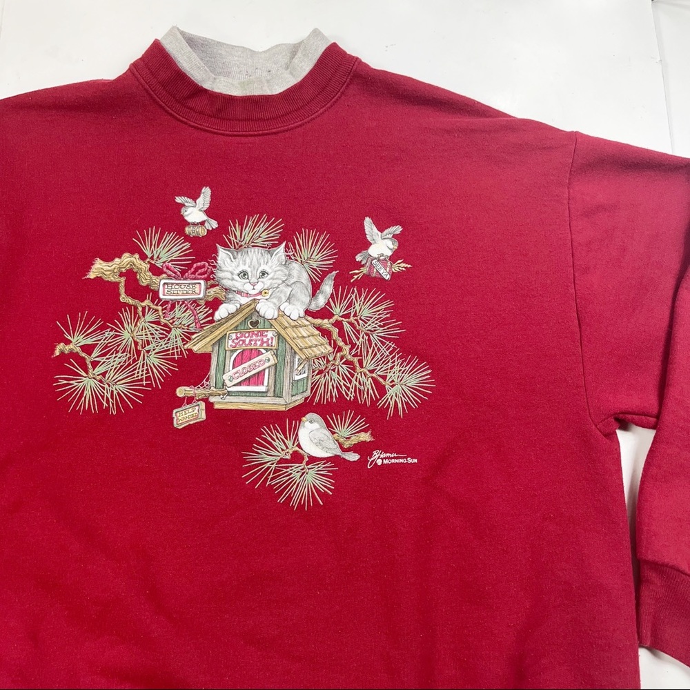 Vintage Cat Sweatshirt size Large Birds Nature Red Pullover - Picture 4 of 10
